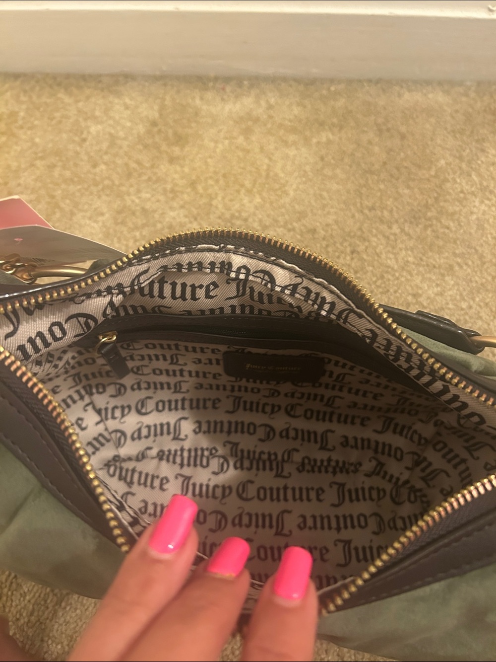 Juicy Couture Olive Green Velour Shoulder Bag with Heart Charm - Picture 3 of 4